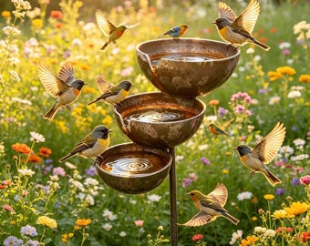 Tiered Copper Bird Bath & Feeder, 3-Tier Outdoor Bird Waterer, Rustic Garden Bird Bath Stake,  Backyard  Garden Decor,Gifts for bird lovers