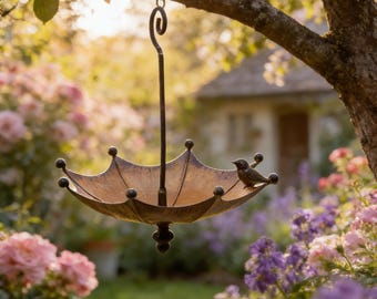 Alimentador de pássaros suspenso em formato de guarda-chuva, decoração rústica de jardim em metal, enfeite em forma de pássaro.