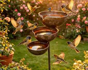 Vintage 3-Tier Metal Bird Bath Feeder, Rustic Cascading Garden Water Station for Outdoor Patio Yard, Bird Lover Gift