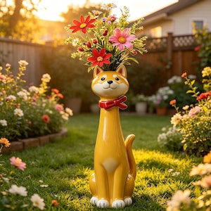 Könnte beinhalten: Eine gelbe Keramikvase in Katzenform mit roter Fliege, gefüllt mit einem bunten Blumenstrauß. Die Vase hat ein lächelndes Gesicht und weiße Pfoten. Die Blumen umfassen rote, rosa und weiße Blüten. Die Vase steht auf einer Rasenfläche.