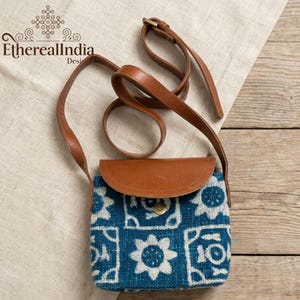 Indigo Patch Sling Bag, Block Print Crossbody Bag, Handmade Cotton Sling Purse, Boho Small Bag, Vegan Leather Mini Bag