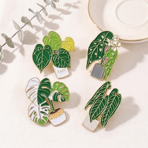 Emaljnålar med tropiska växter, brosch med monstera-philodendronblad, kavajnål med botanisk krukväxt, gåva för naturälskare, emblem med gröna växter