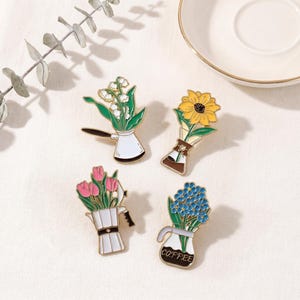 Floral Coffee Enamel Pin Set, Cute Flower Pot Coffee Maker Brooch, Botanical Lapel Pin, Cottagecore Aesthetic Gift for Flower Lovers