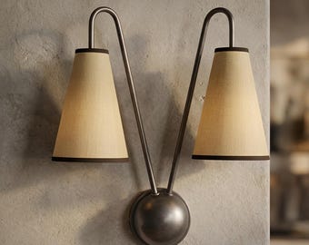 Aplique de pared de latón de doble brazo con pantallas de tela, lámpara de pared americana vintage, lámpara de pared de cobre, luminaria de estilo rústico moderno.