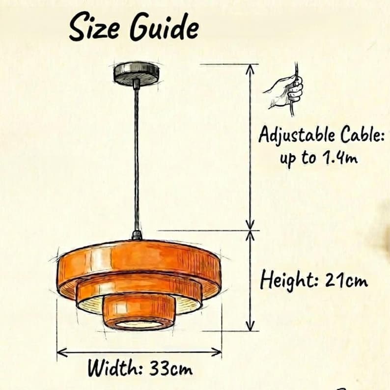 Pode incluir: Um desenho t&eacute;cnico de uma lumin&aacute;ria pendente de n&iacute;veis com a etiqueta Size Guide. A luz laranja tem 33cm de largura e 21cm de altura. Possui um cabo ajust&aacute;vel de at&eacute; 1,4m. A ilustra&ccedil;&atilde;o mostra a estrutura da lumin&aacute;ria e suas medidas.