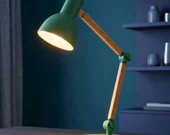 Scandinavian Mint Green Desk Lamp, Nordic Wood Table Light, Adjustable Bedside Lamp, Minimalist Office Lighting Decor