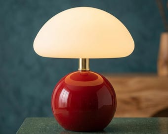Mushroom Table Lamp Mid Century Modern, Red Glass Bedside Lamp, Retro Dome Desk Light, Scandinavian Ambient Lighting