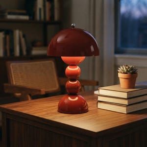 May include: A glossy dark orange table lamp featuring a large dome-shaped shade resting on a vertical stack of three spherical components of varying sizes, all supported by a wide, rounded base, emitting a warm glow from beneath the shade.