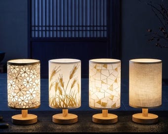 fabric table lamp with solid wood base, modern bedside lamp, linen shade desk light, minimalist nightstand lamp, warm ambient decor
