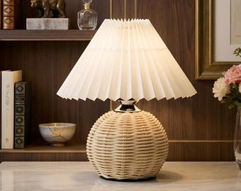 Lámpara de mesa de ratán, lámpara nocturna LED con pantalla plisada, lámpara de noche nórdica, decoración bohemia para el hogar, iluminación acogedora para el dormitorio y la sala de estar.