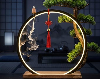 Warm LED Ring Lamp with Bonsai Tree, Japanese Zen Table Light, Indoor Circle Mood Lamp, Cozy Ambient Home Decor