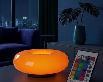 Orange Glass Donut Table Lamp, Mid Century Modern Mushroom Lamp, Aesthetic Ribbed Glass Bedside Light, Retro Art Deco Decor, Ambient  Lamp