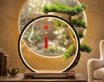 Houten zenbonsai tafellamp led-ringlichtdecor | Cadeau voor haar | Japanse Wabi Sabi-bedlamp Calm Home Ambience