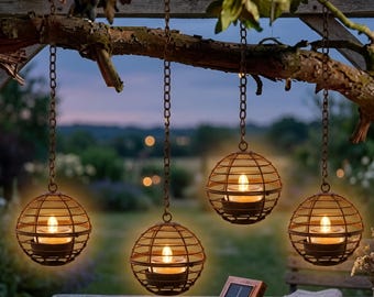 Rust Iron Solar Hanging Lamp Set LED Lantern Lights | Garden Gift for Her | Cozy Outdoor Patio Ambience Farmhouse Decor