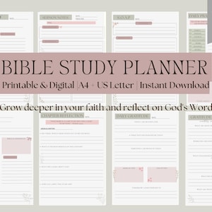 Puede incluir: Un paquete de planificadores de estudio bíblico imprimibles, con ocho páginas, en un diseño rosa claro y blanco. El planificador incluye secciones para el estudio bíblico, notas de sermones y gratitud diaria. El texto dice "Bible Study Planner" y "Grow deeper in your faith and reflect on God's Word."