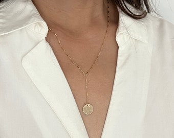 Gold Fill Hammered Coin Lariat Necklace also in Sterling Silver - Custom Handmade Layering Y Lariat Necklace