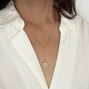Gold Fill Hammered Coin Lariat Necklace – 14k Gold Fill or Sterling Silver – Delicate Hammered Coin Y‑Necklace – Gift for Her - Initial Disc