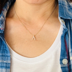 Tiny Gold Wishbone Pave Crystal Necklace also in Silver and Rose Gold