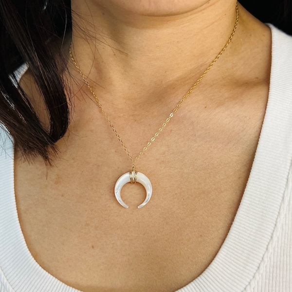 White Mother of Pearl DOUBLE HORN Necklace // Crescent Moon // Gold Fill, Rose Gold Fill, Sterling Silver
