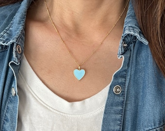 Light Blue and Black Enamel Heart Gold Fill Necklace