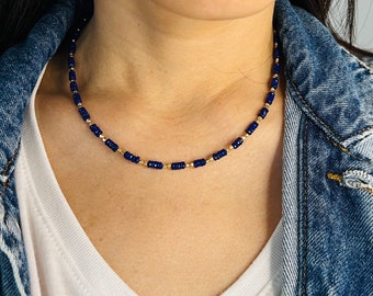 Blue Lapis Lazuli Studded Beaded Necklace in Gold Fill or Sterling Silver