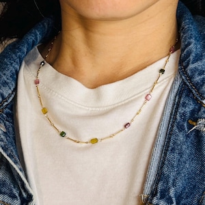 Tourmaline Bar Beaded Chain Necklace – 14k Gold Fill or Sterling Silver – Dainty Gemstone Jewelry – October Birthstone Gift for Her