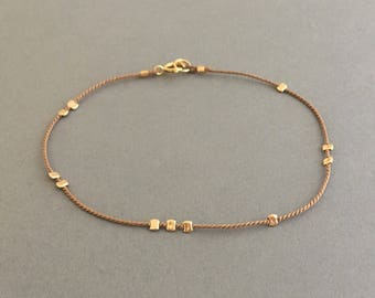 Gold Bead BEIGE Silk String Bracelet also in Sterling Silver and Rose Gold Fill