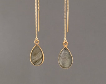 Gold Fill Bordered Labradorite Teardrop Box Chain Threader Earrings