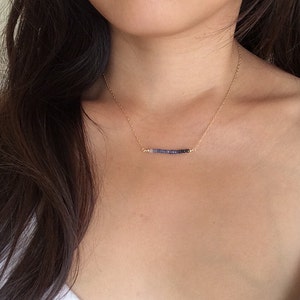 Straight Bar Blue Ombre Sapphire Beaded Necklace Gold Rose Gold or Silver Sapphire Necklace image 4