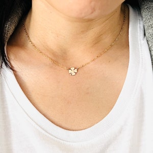 May include: A gold chain necklace with a small four-leaf clover pendant.