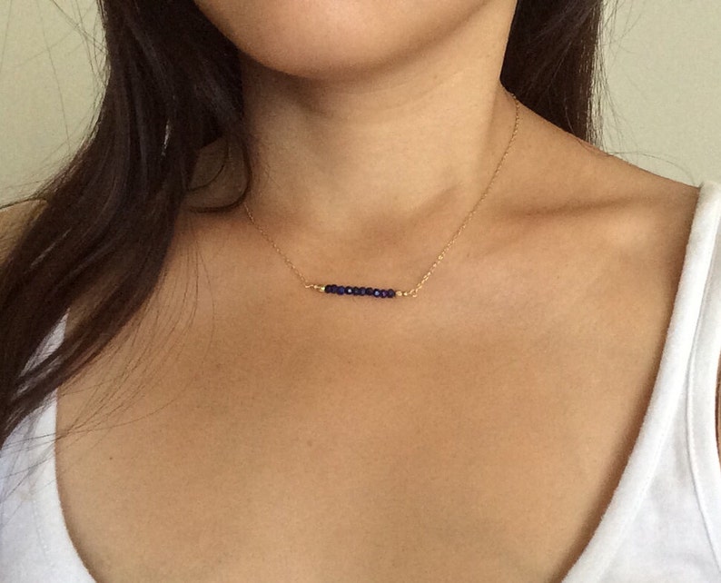 Straight Bar Blue Lapis Beaded Necklace Gold Rose Gold or Silver image 4