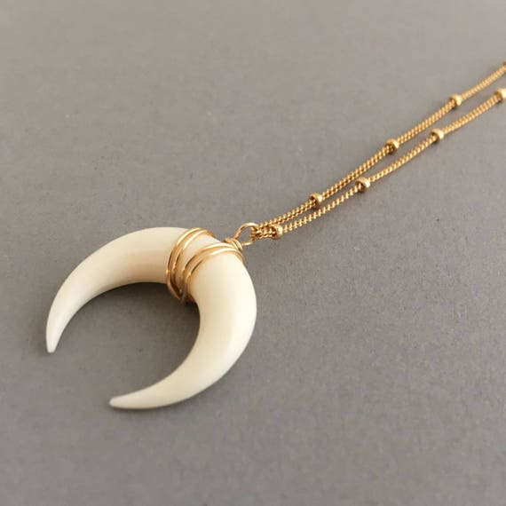 TINY White Bone Double Horn Gold Pendant Charm Necklace Silver Rose Crescent