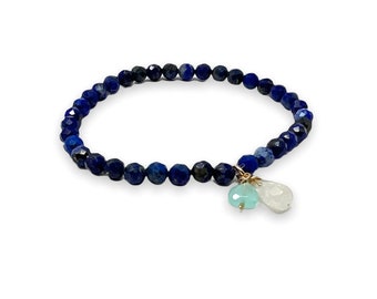 Lapis Lazuli Beaded Bracelet with Blue Quartz and Moonstone in Gold, Rose Gold, or Sterling Silver