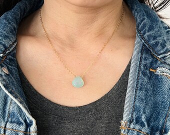 Teal Blue Chalcedony Teardrop Stone Necklace also available in Sterling Silver and Rose Gold Fill