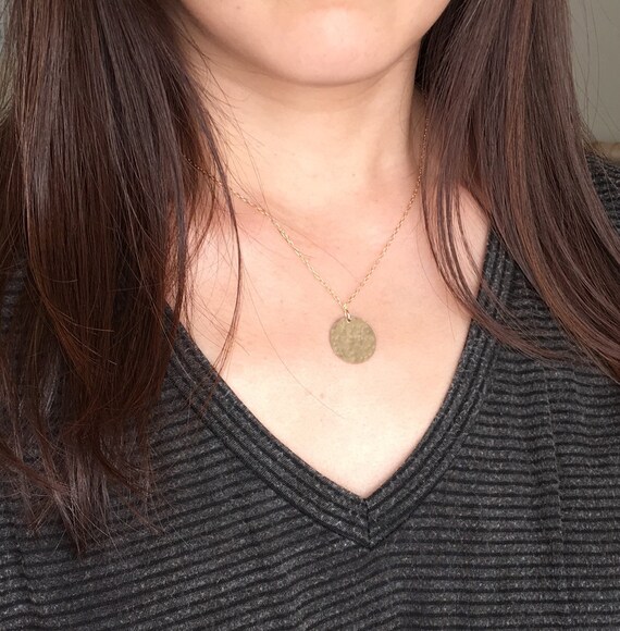 Gold Fill Hammered Disc Circle Necklace 