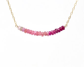 Real Pink Sapphire Ombre Beaded Necklace - Gold, Rose Gold, or Silver - Everyday, Layering
