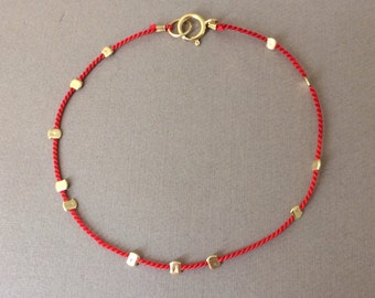 Gold Bead RED Silk String Bracelet also in Sterling Silver and Rose Gold Fill