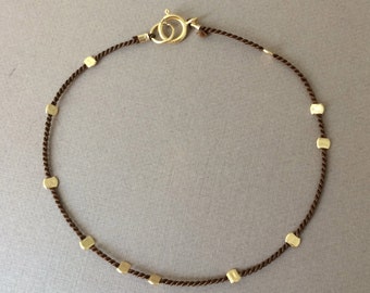 Gold Bead BROWN Silk String Bracelet also in Sterling Silver and Rose Gold Fill