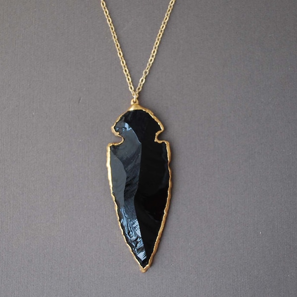 Lungo 30" Arrowhead nero ossidiana collana in oro