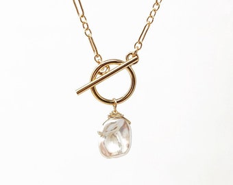 White Pearl Gold Fill Toggle Necklace also in Sterling Silver