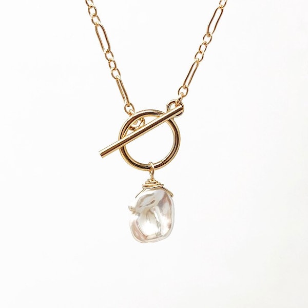 White Pearl Gold Fill Toggle Necklace also in Sterling Silver