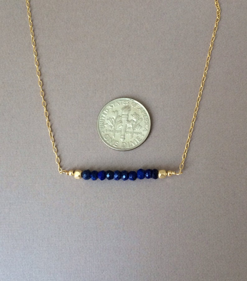 Straight Bar Blue Lapis Beaded Necklace Gold Rose Gold or Silver image 3