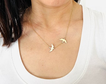 Two CHASING Dove Birds Gold Fill Necklace also in Silver and Rose Gold Fill // Custom Mama Bird Jewelry, Delicate Dove Flight Necklace