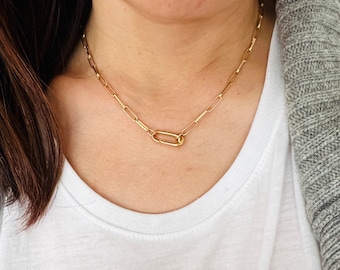 Gold-Fill Paperclip Chain Necklace with Carabiner Clasp – 14k Gold Fill – Charm-Ready Lariat Necklace – Gift for Her