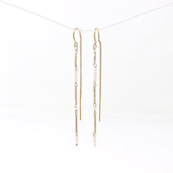 Tiny White Pearl Gold Fill Box Chain Threader Earrings