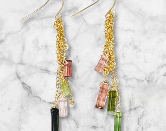 Tourmaline Bar Drop Chain Earrings – 14k Gold Fill or Sterling Silver – Dainty Freshwater Pearls – Elegant Bridal Jewelry – Gift for Her