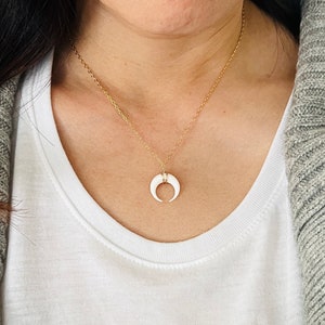 Tiny White Bone Double Horn Necklace – Gold Fill, Rose Gold Fill, Sterling Silver– Dainty Crescent Pendant – Boho Minimalist Gift for Her