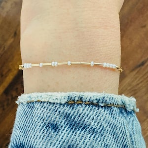 Tiny White Pearl Morse Code Bracelet – 14k Gold Fill or Sterling Silver – Dainty Personalized Jewelry – Minimalist Gift for Her - Gemstones