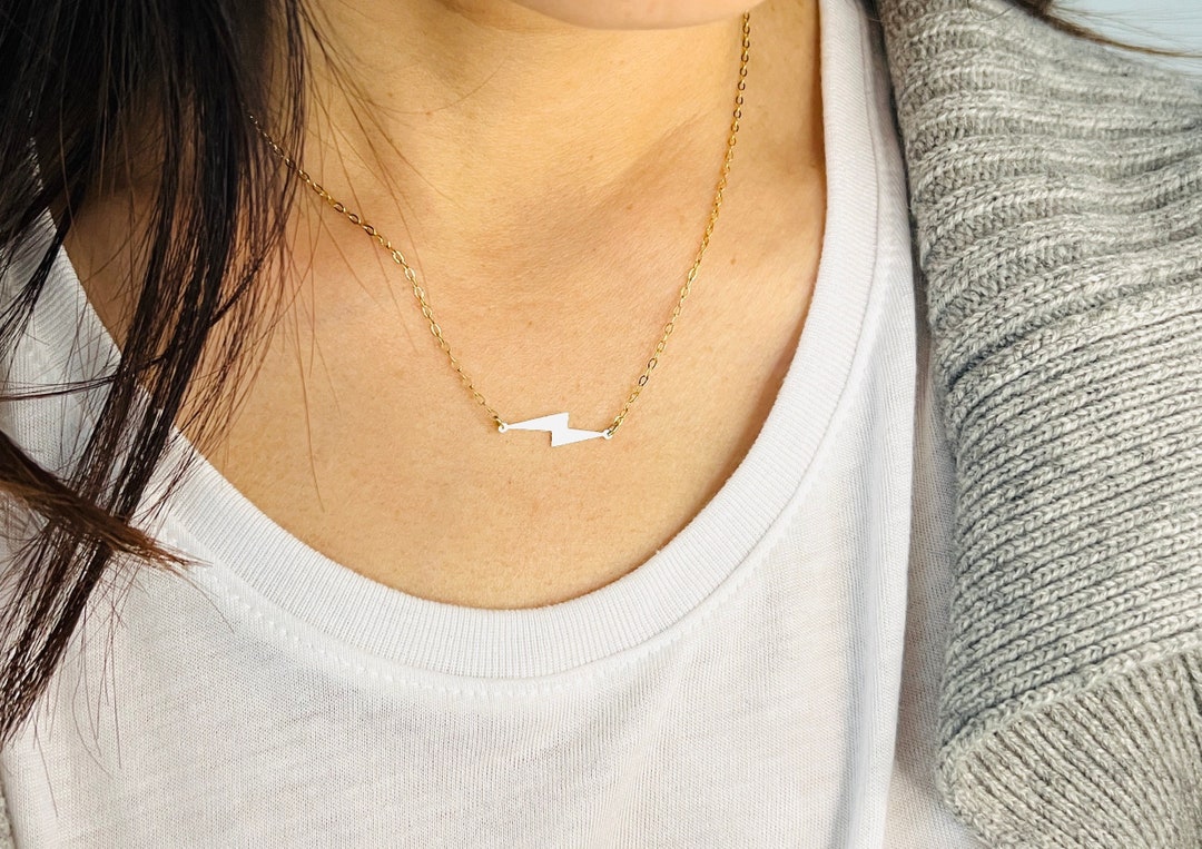 Sideways Dainty Lightning Bolt Necklace – 14k Gold Fill, Rose Gold