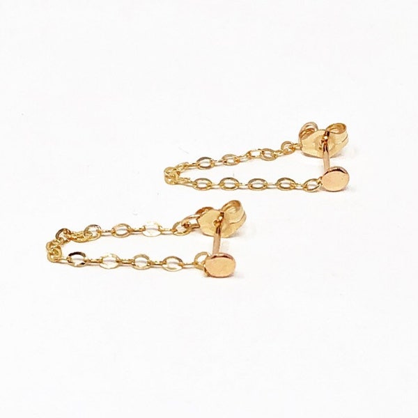 Small Dot With Chain Post Earrings Gold Fill, Rose Gold,  or Sterling Silver